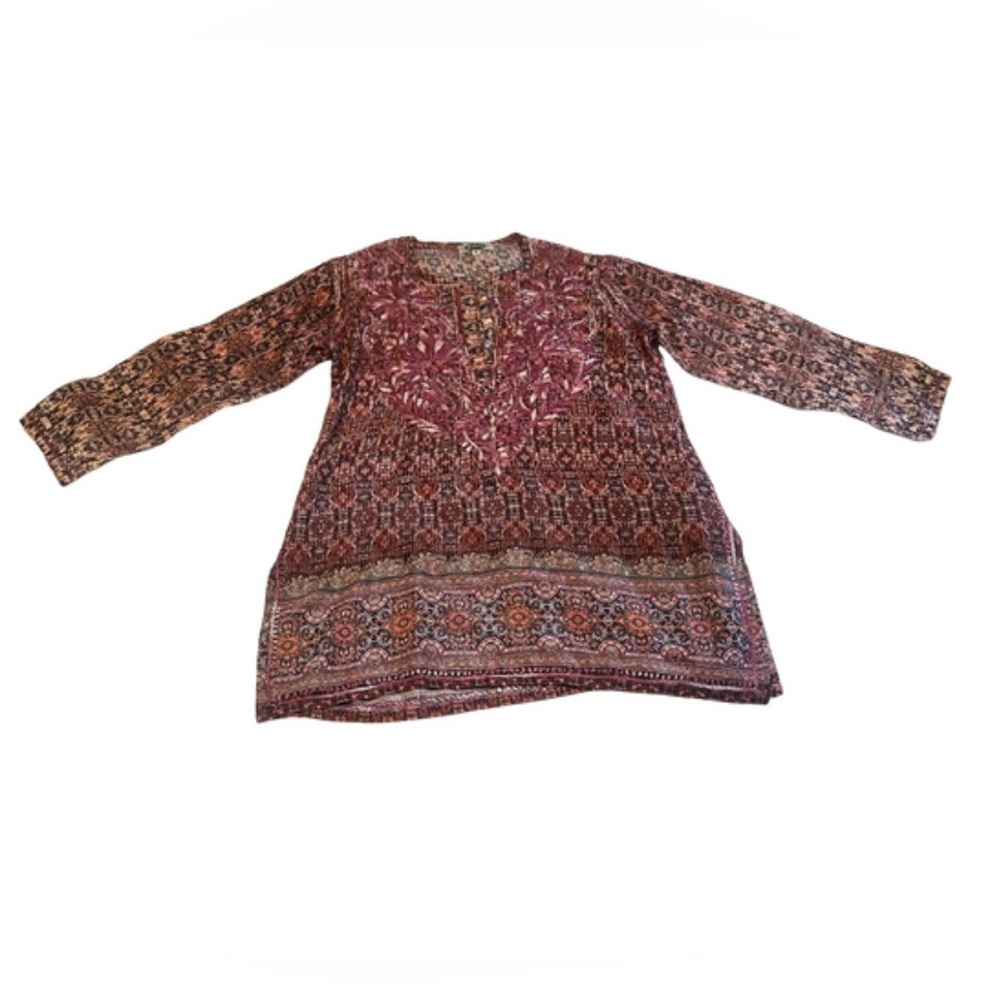 Dolma Silk Hand Embroidered Coral Kai Geo Print 3/4 Sleeve Tunic Top | Pink | M